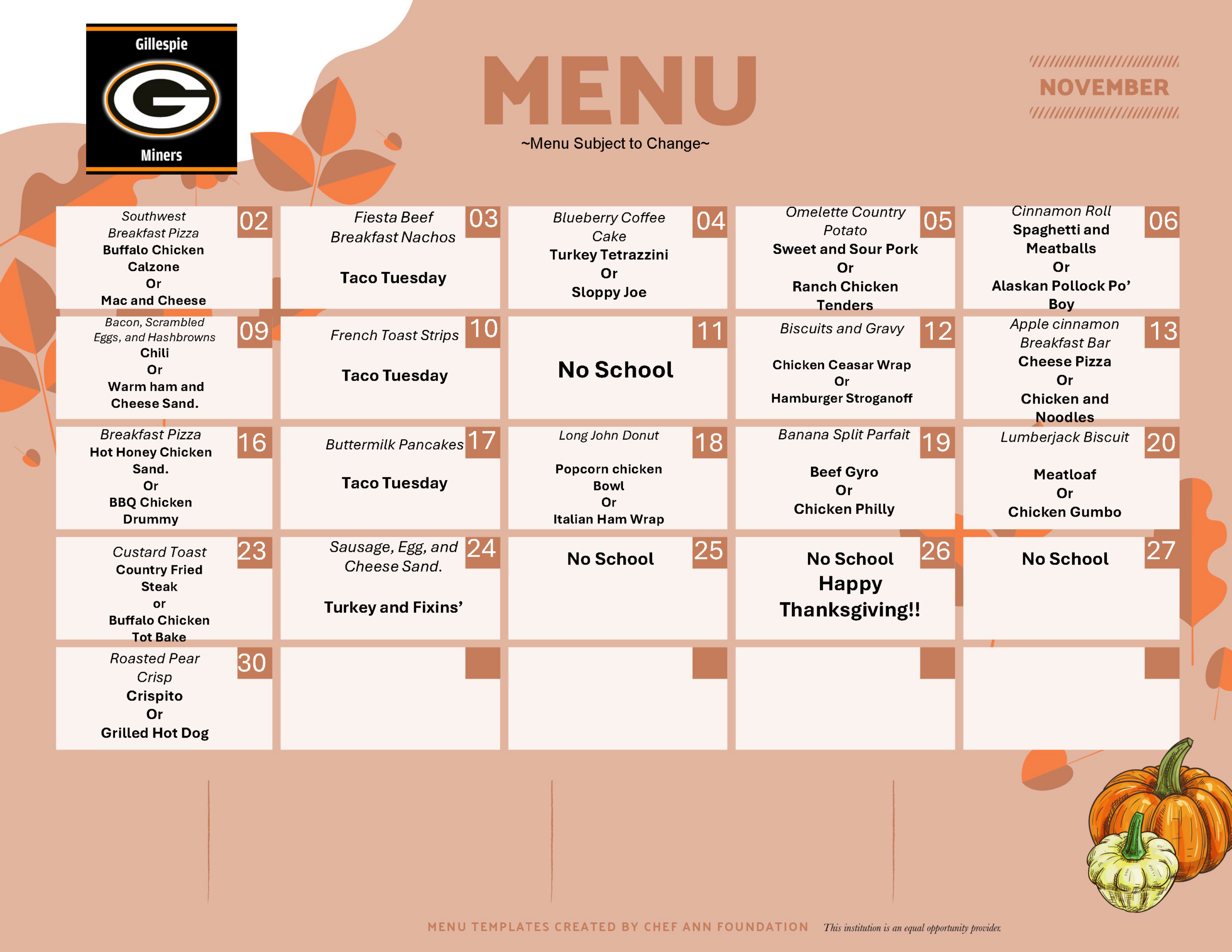 GHS Menu November